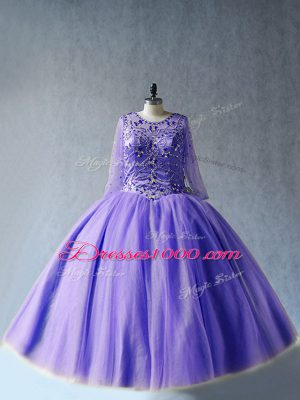 Lavender Ball Gowns Beading Quinceanera Dresses Lace Up Tulle Long Sleeves Floor Length
