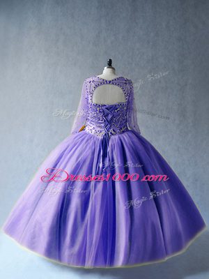 Lavender Ball Gowns Beading Quinceanera Dresses Lace Up Tulle Long Sleeves Floor Length