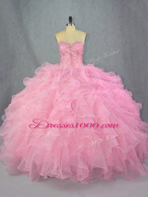Fantastic Sleeveless Organza Floor Length Lace Up 15th Birthday Dress in Pink with Beading and Ruffles