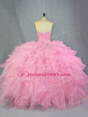 Fantastic Sleeveless Organza Floor Length Lace Up 15th Birthday Dress in Pink with Beading and Ruffles