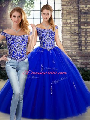 Chic Floor Length Royal Blue Quince Ball Gowns Off The Shoulder Sleeveless Lace Up
