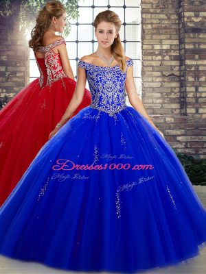 Chic Floor Length Royal Blue Quince Ball Gowns Off The Shoulder Sleeveless Lace Up