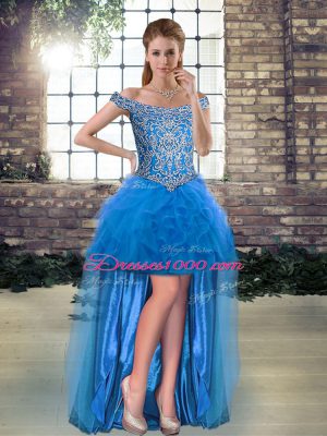 Blue A-line Beading and Ruffles Party Dress for Toddlers Lace Up Tulle Sleeveless High Low