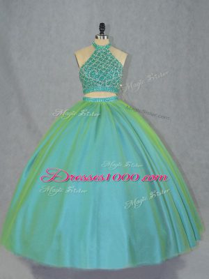 Luxury Green Quince Ball Gowns Halter Top Sleeveless Lace Up
