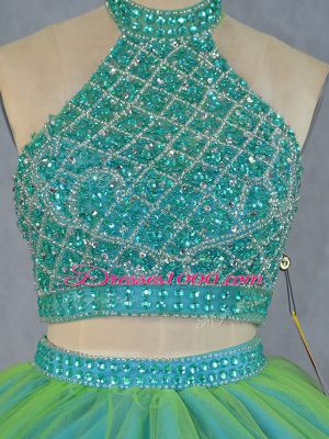 Luxury Green Quince Ball Gowns Halter Top Sleeveless Lace Up