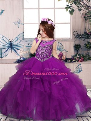 Purple Tulle Zipper Little Girls Pageant Dress Wholesale Sleeveless Floor Length Beading