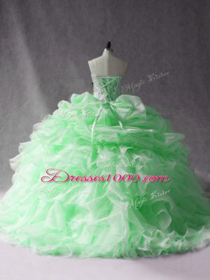 Brush Train Ball Gowns Quinceanera Dress Apple Green Strapless Organza Sleeveless Lace Up