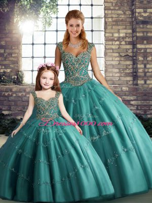 Floor Length Lace Up Ball Gown Prom Dress Teal for Military Ball and Sweet 16 and Quinceanera with Beading and Appliques