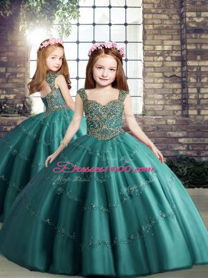 Floor Length Lace Up Ball Gown Prom Dress Teal for Military Ball and Sweet 16 and Quinceanera with Beading and Appliques