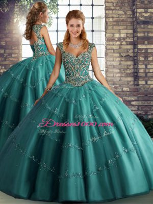 Floor Length Lace Up Ball Gown Prom Dress Teal for Military Ball and Sweet 16 and Quinceanera with Beading and Appliques