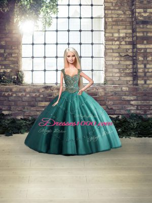 Floor Length Lace Up Ball Gown Prom Dress Teal for Military Ball and Sweet 16 and Quinceanera with Beading and Appliques