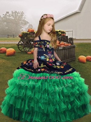 Green Straps Lace Up Embroidery Kids Formal Wear Sleeveless