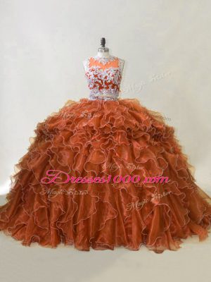 Scoop Sleeveless Organza Ball Gown Prom Dress Beading and Ruffles Brush Train Zipper