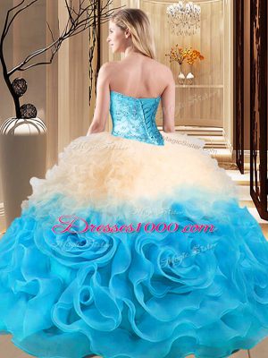 Graceful Fabric With Rolling Flowers Sleeveless Floor Length Quinceanera Gown and Beading and Ruffles