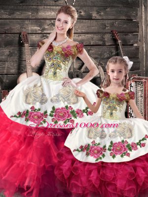 Glittering Pink And White Sleeveless Floor Length Embroidery and Ruffles Lace Up Sweet 16 Dresses