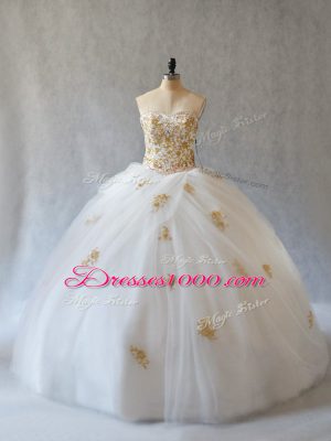 Fancy White Tulle Lace Up Quinceanera Dress Sleeveless Brush Train Appliques