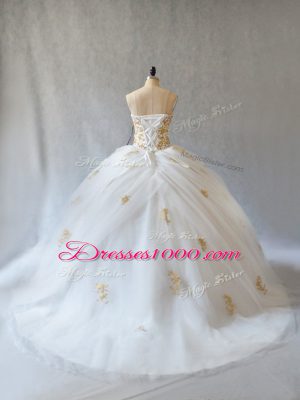 Fancy White Tulle Lace Up Quinceanera Dress Sleeveless Brush Train Appliques