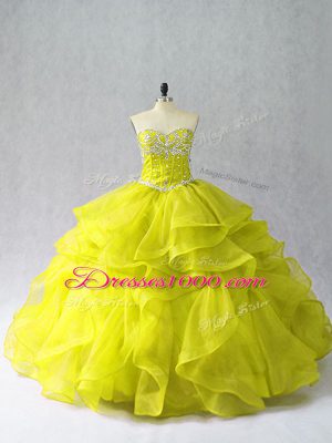 Affordable Yellow Green Ball Gowns Organza Sweetheart Sleeveless Beading and Ruffles Floor Length Lace Up Vestidos de Quinceanera