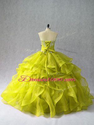 Affordable Yellow Green Ball Gowns Organza Sweetheart Sleeveless Beading and Ruffles Floor Length Lace Up Vestidos de Quinceanera