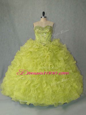 Fantastic Yellow Green Sleeveless Brush Train Beading and Ruffles Sweet 16 Dresses