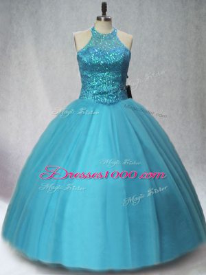 Suitable Teal Halter Top Neckline Beading Quinceanera Gowns Sleeveless Lace Up