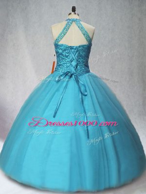 Suitable Teal Halter Top Neckline Beading Quinceanera Gowns Sleeveless Lace Up