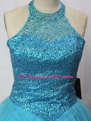 Suitable Teal Halter Top Neckline Beading Quinceanera Gowns Sleeveless Lace Up