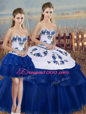 Sweetheart Sleeveless Quinceanera Dresses Floor Length Embroidery and Bowknot Royal Blue Tulle