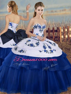 Sweetheart Sleeveless Quinceanera Dresses Floor Length Embroidery and Bowknot Royal Blue Tulle