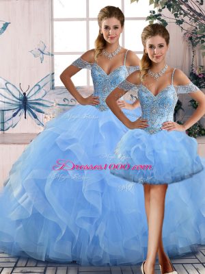 High End Blue Quinceanera Gown Sweet 16 and Quinceanera with Beading and Ruffles Off The Shoulder Sleeveless Lace Up