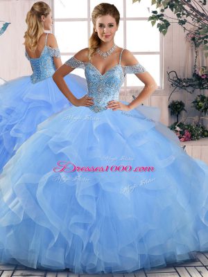 High End Blue Quinceanera Gown Sweet 16 and Quinceanera with Beading and Ruffles Off The Shoulder Sleeveless Lace Up