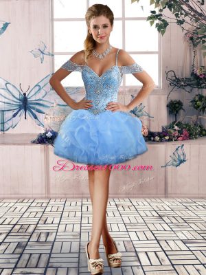 High End Blue Quinceanera Gown Sweet 16 and Quinceanera with Beading and Ruffles Off The Shoulder Sleeveless Lace Up