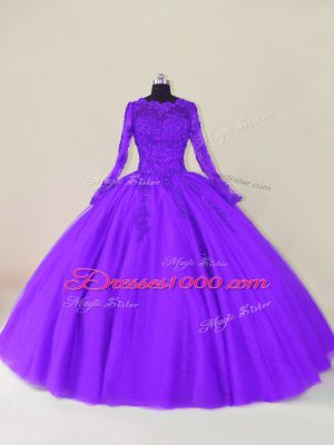 Fantastic Lace and Appliques 15th Birthday Dress Purple Zipper Long Sleeves Floor Length