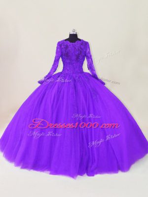 Fantastic Lace and Appliques 15th Birthday Dress Purple Zipper Long Sleeves Floor Length