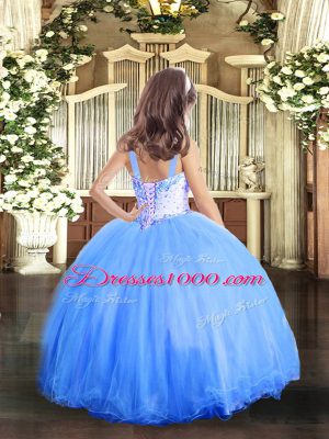 Fancy Blue Straps Neckline Beading Teens Party Dress Sleeveless Lace Up