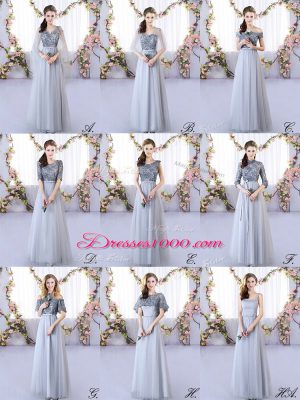 Decent Grey Empire Appliques Quinceanera Court Dresses Lace Up Tulle Sleeveless Floor Length