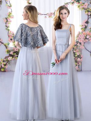 Decent Grey Empire Appliques Quinceanera Court Dresses Lace Up Tulle Sleeveless Floor Length