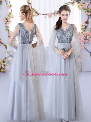 Decent Grey Empire Appliques Quinceanera Court Dresses Lace Up Tulle Sleeveless Floor Length