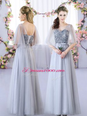 Decent Grey Empire Appliques Quinceanera Court Dresses Lace Up Tulle Sleeveless Floor Length