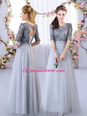 Decent Grey Empire Appliques Quinceanera Court Dresses Lace Up Tulle Sleeveless Floor Length