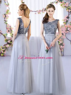 Decent Grey Empire Appliques Quinceanera Court Dresses Lace Up Tulle Sleeveless Floor Length