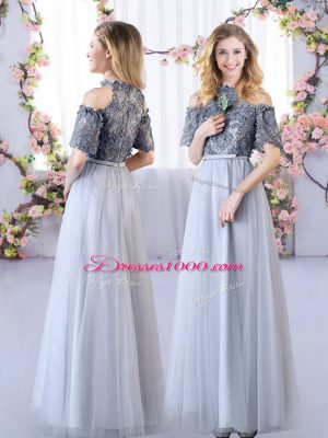 Decent Grey Empire Appliques Quinceanera Court Dresses Lace Up Tulle Sleeveless Floor Length