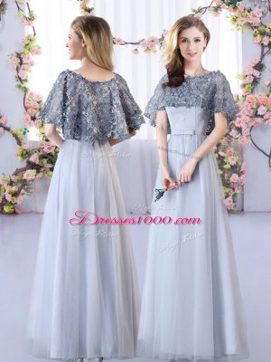 Decent Grey Empire Appliques Quinceanera Court Dresses Lace Up Tulle Sleeveless Floor Length