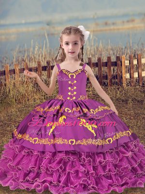 Sleeveless Lace Up Floor Length Beading and Embroidery and Ruffled Layers Kids Formal Wear