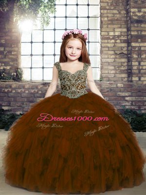 Low Price Brown Sleeveless Tulle Lace Up Child Pageant Dress for Wedding Party