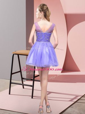 Lilac A-line Tulle Bateau Sleeveless Beading Mini Length Zipper