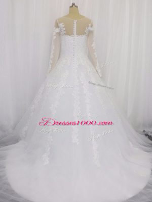 White Scoop Zipper Beading and Lace Wedding Gown Court Train Long Sleeves