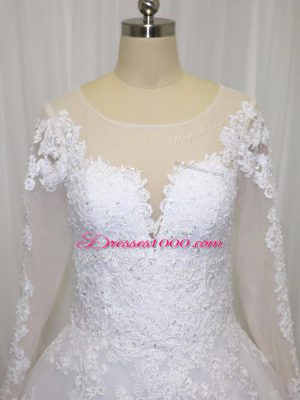 White Scoop Zipper Beading and Lace Wedding Gown Court Train Long Sleeves