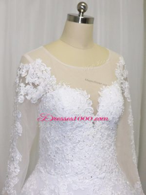 White Scoop Zipper Beading and Lace Wedding Gown Court Train Long Sleeves