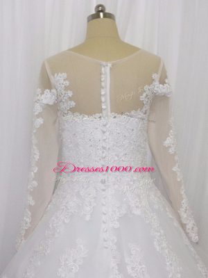 White Scoop Zipper Beading and Lace Wedding Gown Court Train Long Sleeves